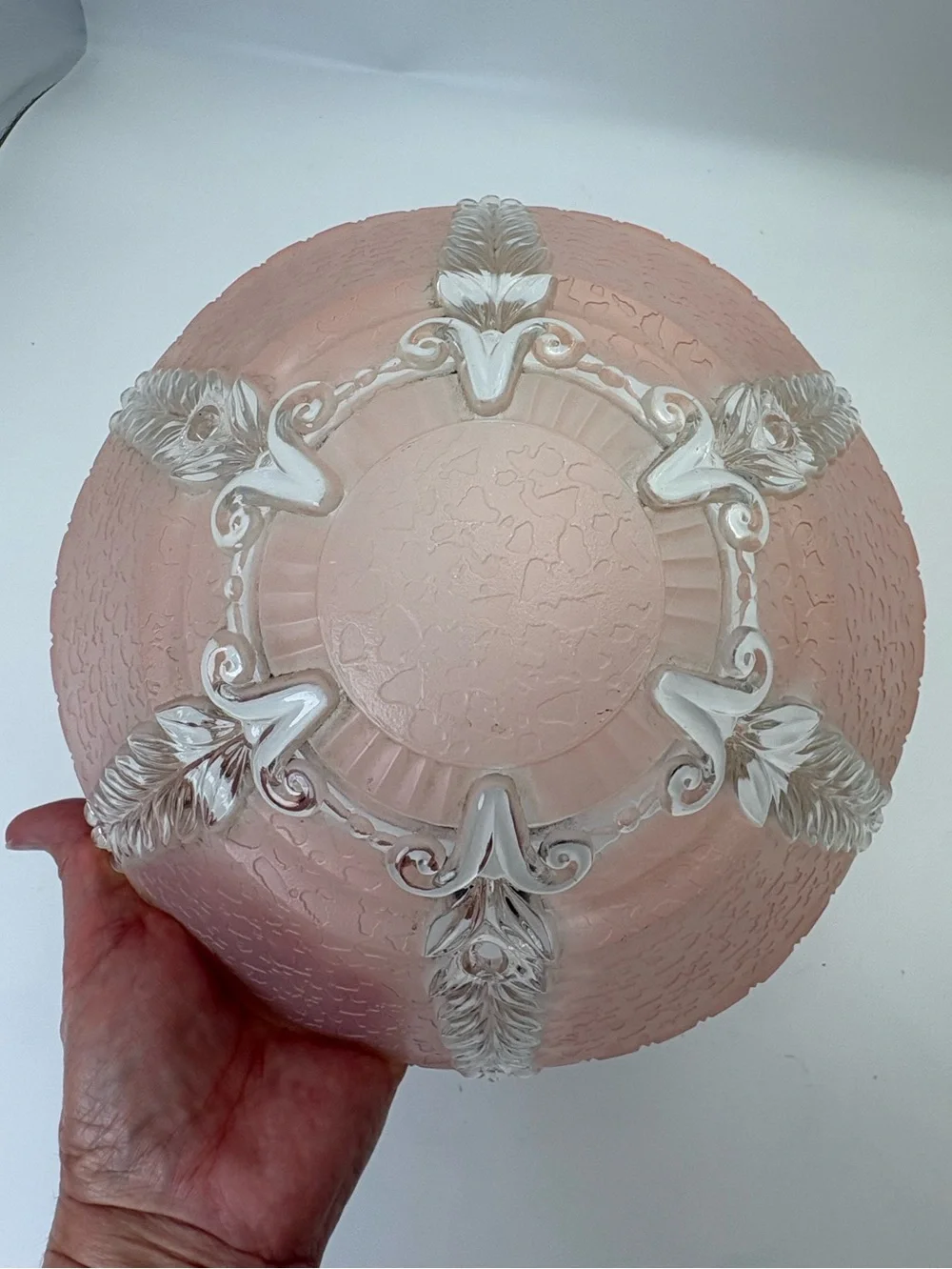 Vintage Art Nouveau Pink Art Glass Light Fixture with White Relief Accents - Picture 5 of 11